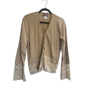 April Cornell Medium Vintage Button Cardigan Lace Detail Velvet Trim Beige #4973